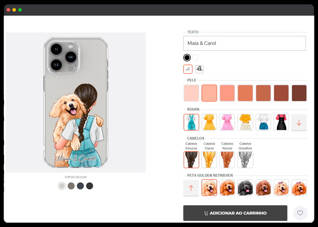 Editor do Customy na página de produto — capinha personalizada com pet