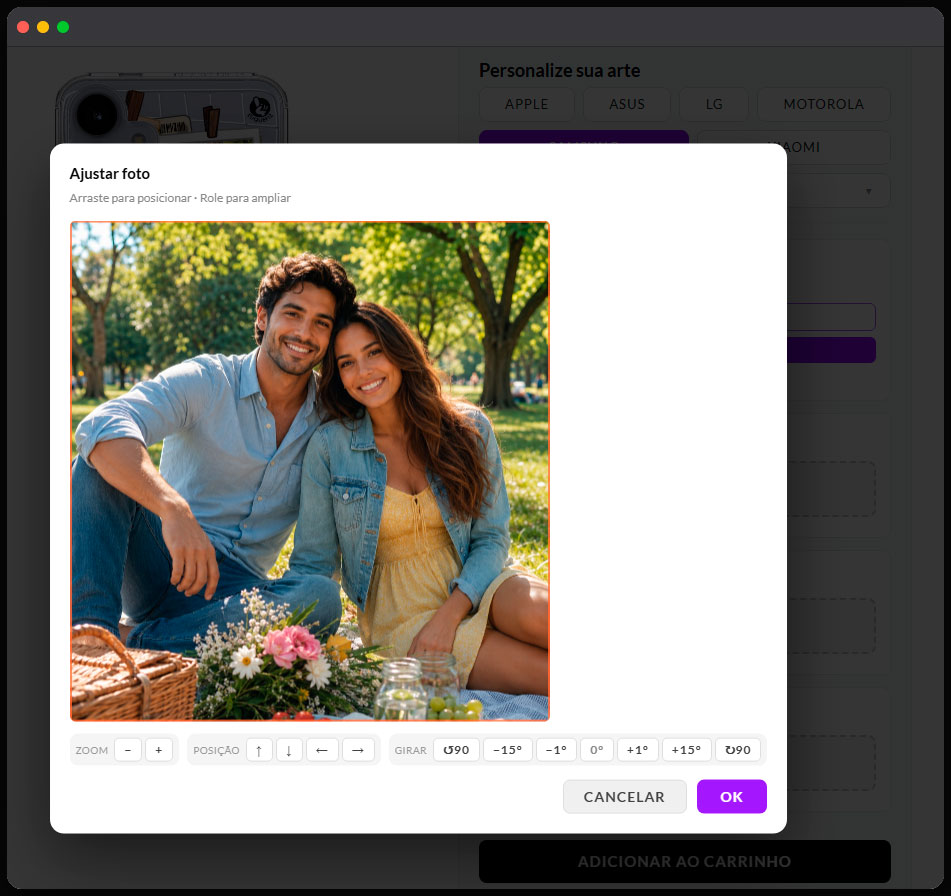 Modal de ajuste de foto com zoom, posição e rotação