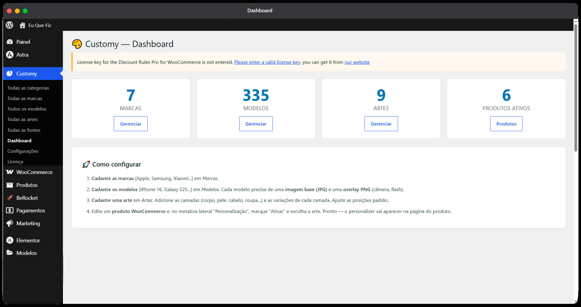 Dashboard administrativo do Customy dentro do WordPress