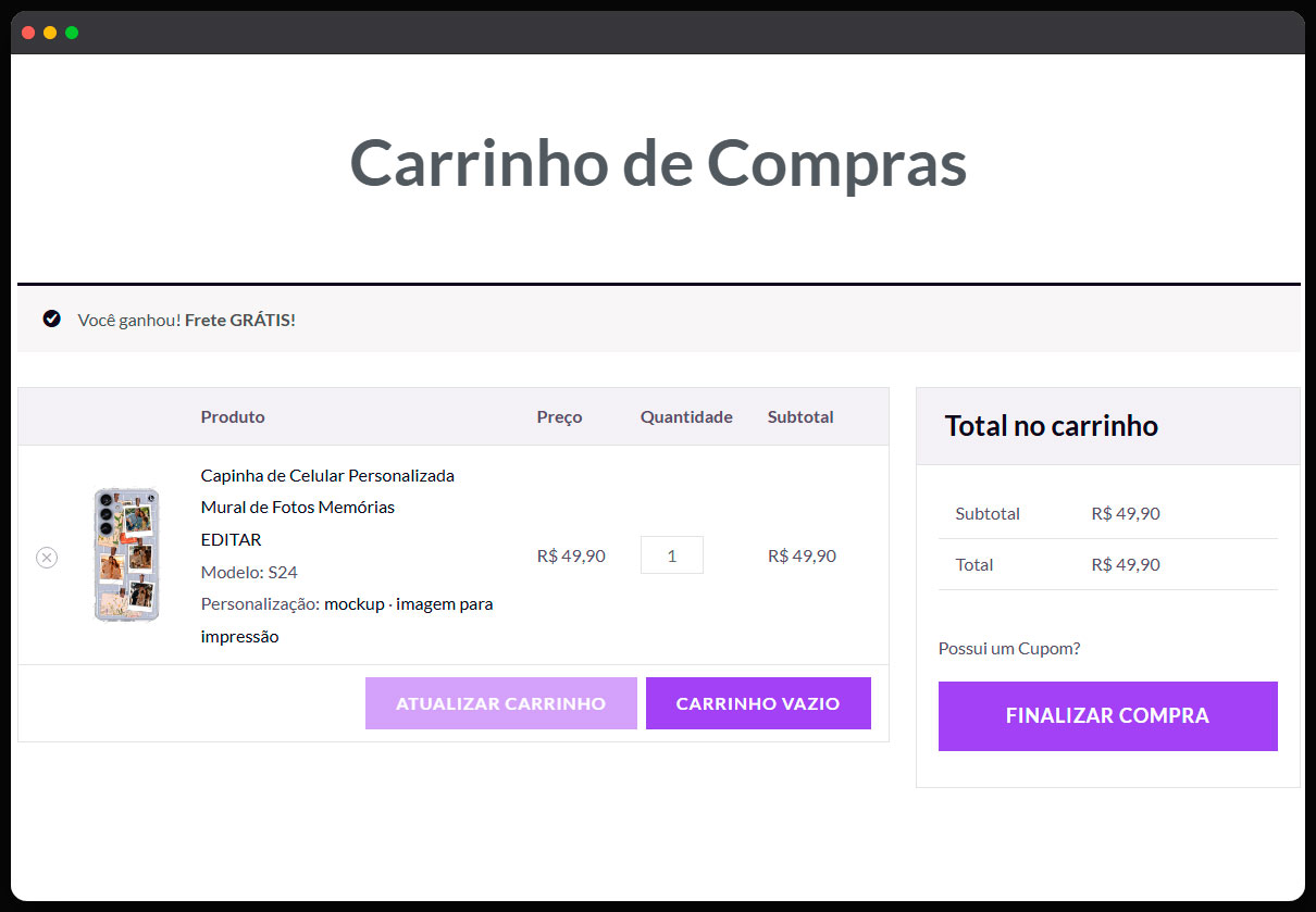 Carrinho WooCommerce mostrando produto personalizado com mockup