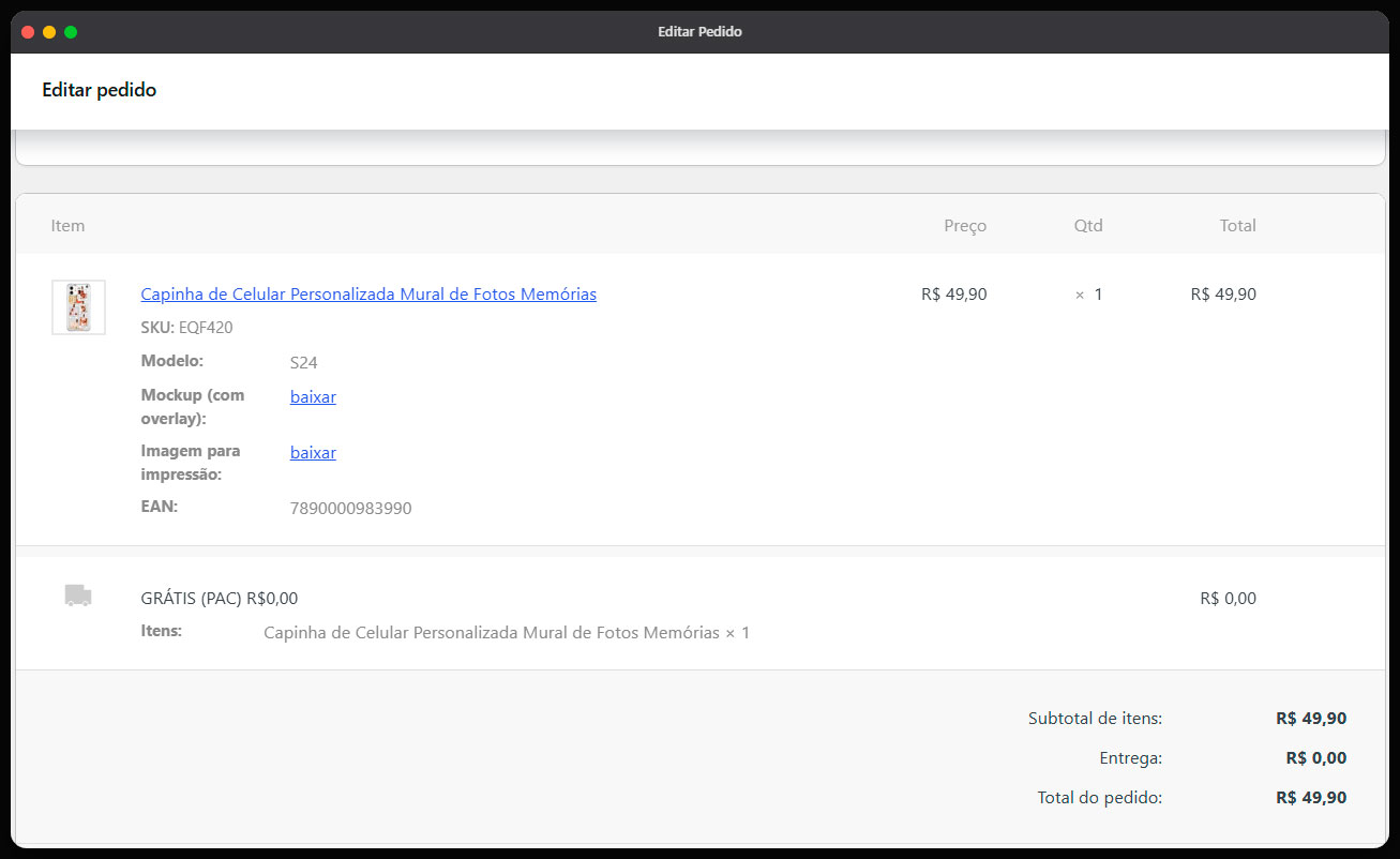 Pedido WooCommerce com mockup e link do arquivo de impressão