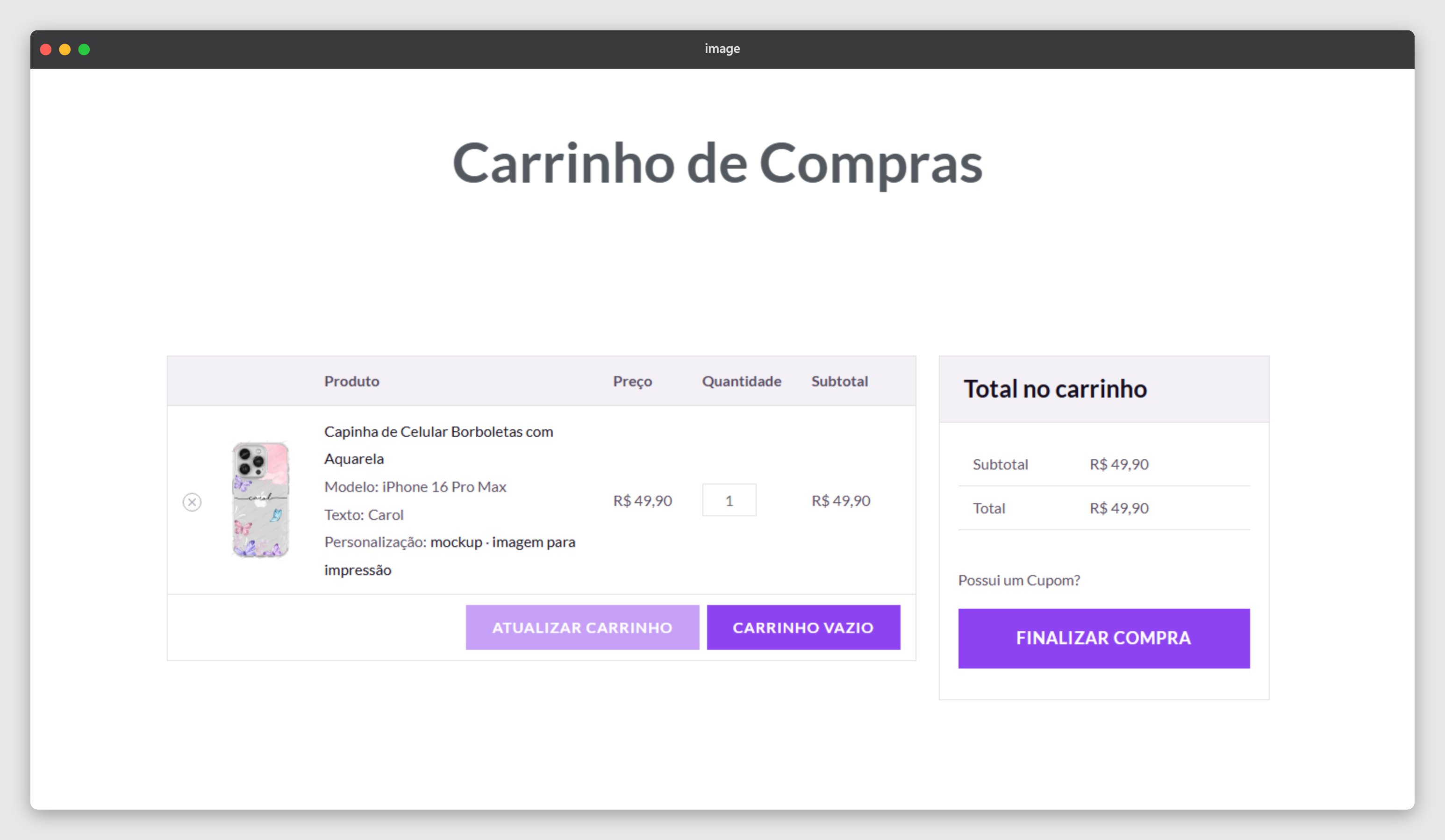 Carrinho com mockup personalizado